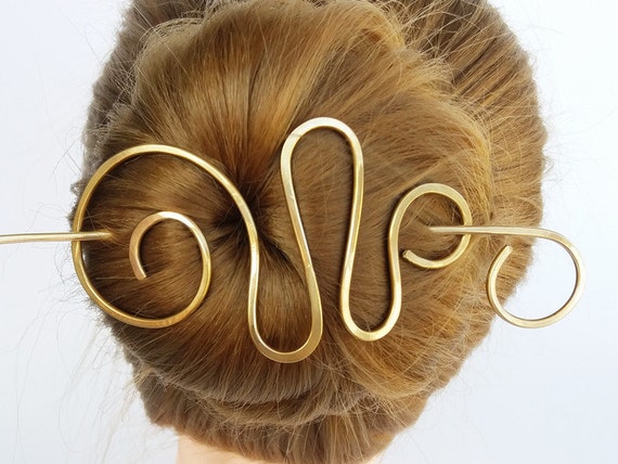 Spiral Brass Hair Clip With Stick Pave Hammered Hair Etsy