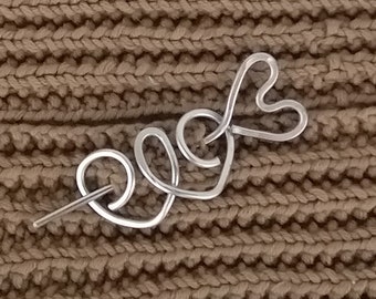 Double Heart Shawl Pin with Stick, Silver Sweat Clip, Long Hair Clip, Scarf pin Sweater Brooch, Aluminum Hair Pin, Women Gift