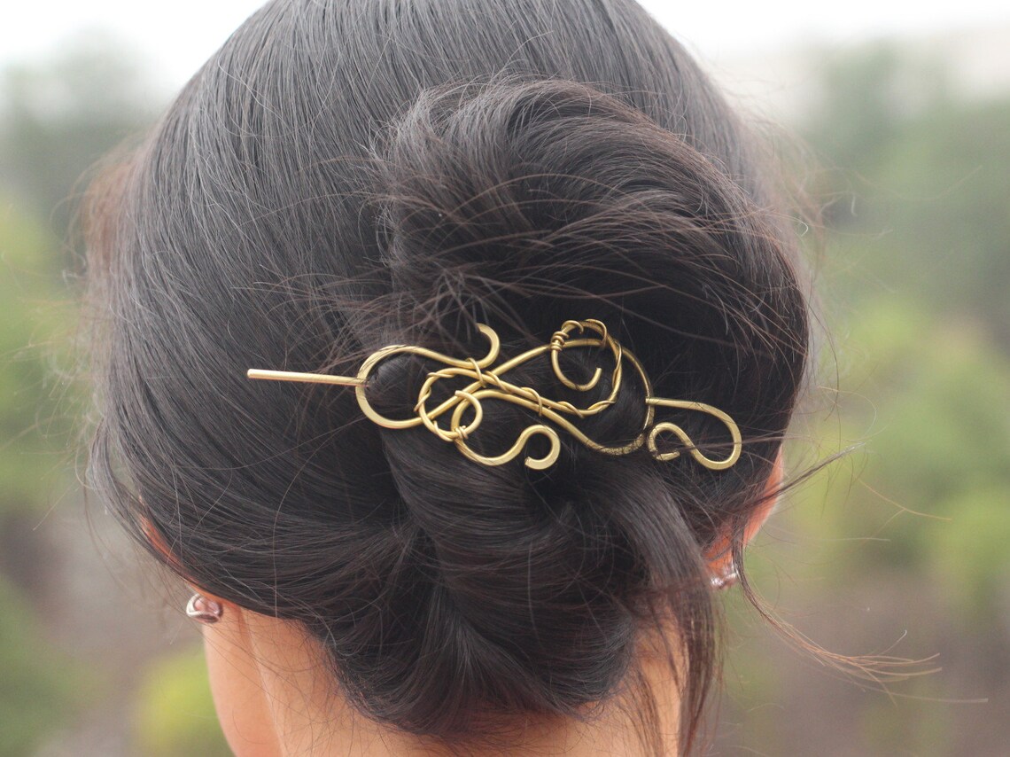 Brass Hair Slide with Stick Wire Wrapped Swirls Medium Hair Etsy