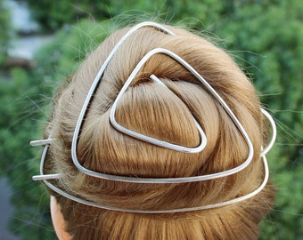 Metal Bun Holder, Triangle Hair Clip for Bun, U Shape Hair Fork, Geometric Bun Cage, Silve hair Clip, Hair Accessories, Women Gift for Her
