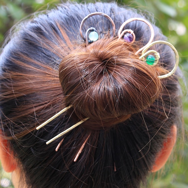 Fourchettes à cheveux avec perles naturelles, épingle à cheveux pour chignon, pince à cheveux verte, cuivre, laiton, cuivre antique, laiton antique, maillechort, cadeau ami