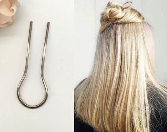 U shape silver hair fork, Silver french hair pin, French twist pin, Hair pin french, Large metal hair fork 10 gauge silver, Bun holder
