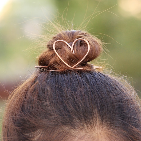 Heart Hair Cuff with Stick, Updo Bun Maker, Copper Hair Jewelry, Hair Cage Bun, Metal Ponytail Bun Holder, Hair Bun Accessories, Hair Cuffs