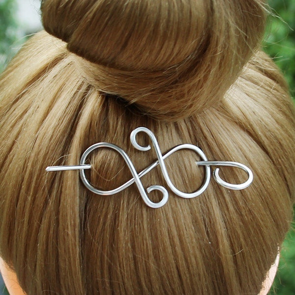 Celtic Infinity Silver Hair Barrette, Womens gift, Infinity loops shawl pin, Celtic knot long hair pin, Thin hair barrette Sweater clip