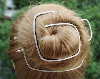 Silver Hair Bun Holder, Square Cage, Chinese Character Hair Clip