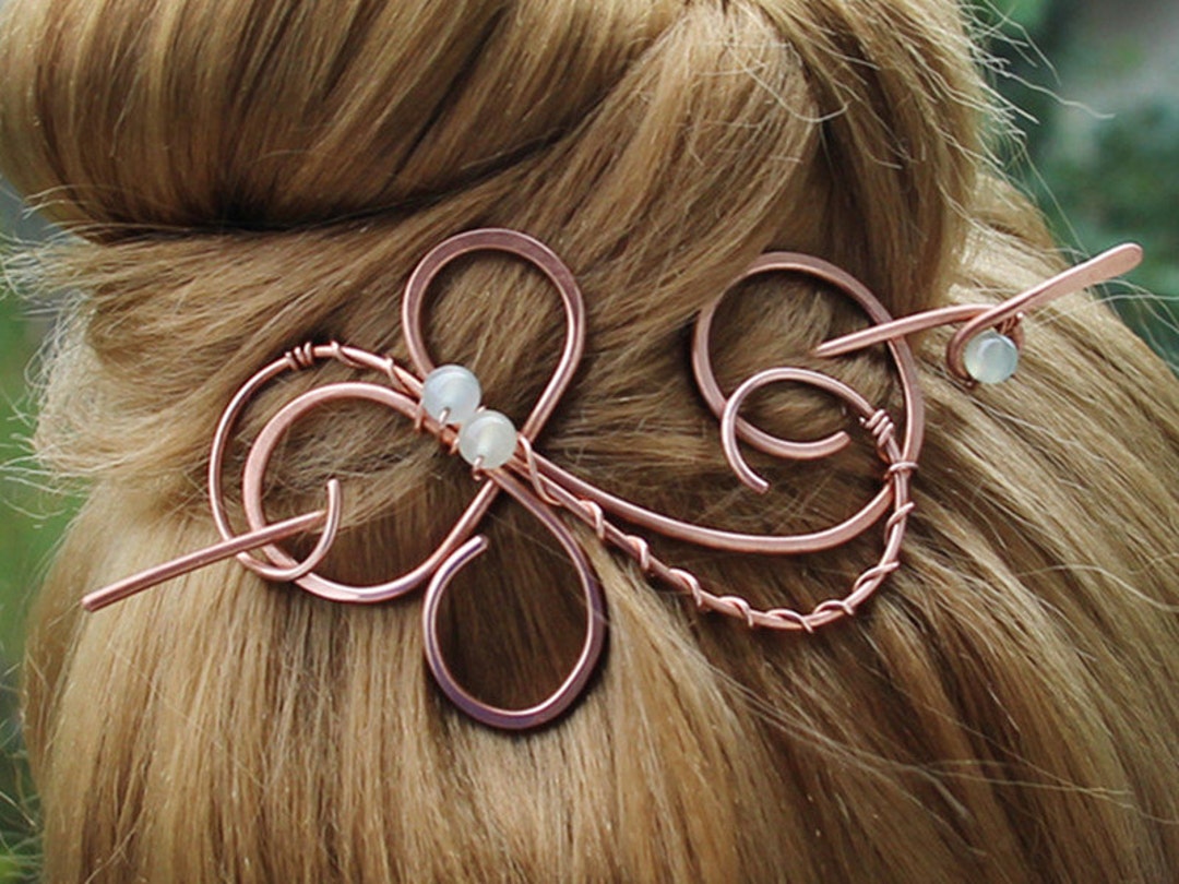 Opalite & Moonstone Hair Barrette Copper Shawl Pin Celtic Scarf Pin Hair  Pin
