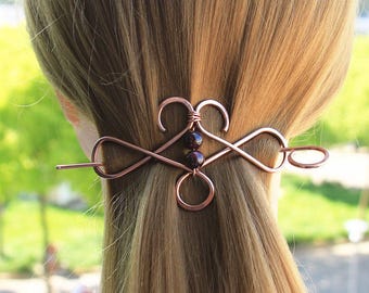 Copper Hair Pin Hair Stick, Large Hair Clip, Metal Ponytail Holder, Garnet Hair Barrette, Hair Accessories for Women, Christmas Gift for Her