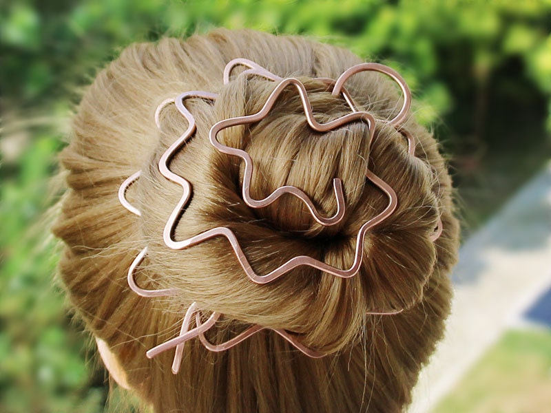 Rose Gold Bun Holder with Hair Fork, Silver Hair Cuff, Modern Hair Bun Clip, Women’s Hair Bun Cover, Adult Hair Accessories, Christmas Gift