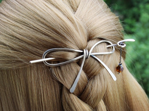 Bow Hair Clip, Bow Hair Barrette, Brass Hair Slide Hair Stick with Chain and Crystal Beads,
