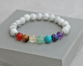 Handmade Howlite Chakra Bracelet, Grade A Natural Semi-precious Gemstone Beads, Stretch Fit Yoga Mala Bracelet