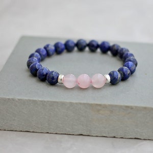 Handmade Lapis Lazuli Bracelet with Rose Quartz, 8mm Beads, Stretch Fit Choose Wrist Size