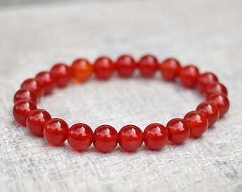 Handmade Red Carnelian Bracelet 8mm Natural Red Gemstone Beads Root Chakra Focus Unisex Stretch Fit