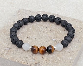 Handmade Tigers Eye Bracelet with White Jade & Lava Beads, Multiple Wrist Sizes