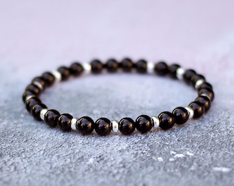 Bracelet fait main en onyx noir, bracelet empilable de perles, onyx véritable 6 mm, ajustement extensible unisexe