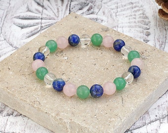 Vertigo Bracelet With Vertigo Crystals, Lapis Lazuli Clear Quartz Green Aventurine Rose Quartz 8mm Gemstone Beads Stretch Fit