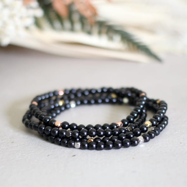 Handmade Dainty Black Tourmaline Bracelet with Rose Gold Yellow Gold or Silver Spacers 4mm Genuine Stone