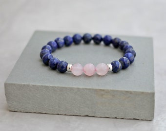 Bracelet Lapis Lazuli fait à la main avec quartz rose, perles de 8 mm, ajustement extensible, choisissez la taille du poignet