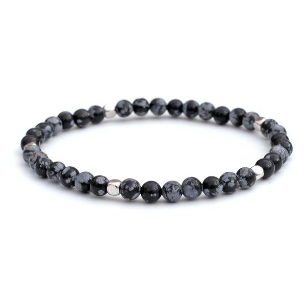 Handmade Dainty Snowflake Obsidian Bracelet 4mm Diameter Stone Beads with Choice of Spacers