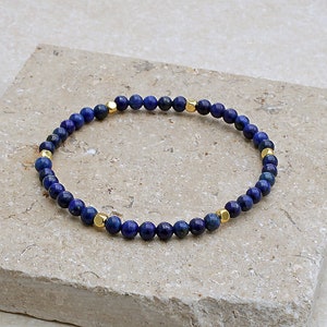 Dainty Lapis Lazuli Bracelet 4mm Genuine Gemstone Beads WITHOUT Dye or Heat Treatment Stretch Fit Multiple Sizing Choose Spacers