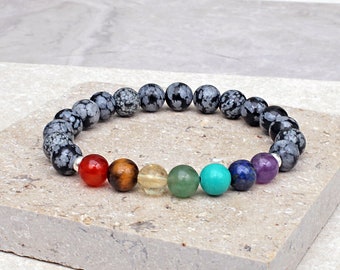 Bracelet chakra en obsidienne flocon de neige avec perles en argent sterling 925 de qualité A, pierres précieuses naturelles, style unisexe, cordon extensible très solide