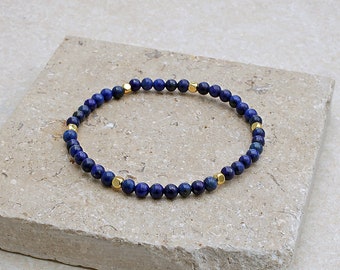 Dainty Lapis Lazuli Bracelet 4mm Genuine Gemstone Beads WITHOUT Dye or Heat Treatment Stretch Fit Multiple Sizing Choose Spacers