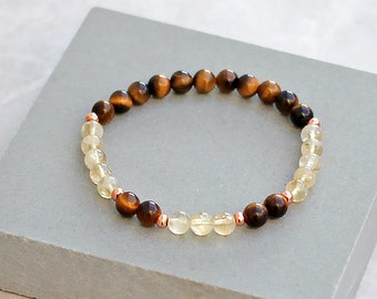 Handmade Citrine Bracelet with Tigers Eye Stone Beads, Real Copper Spacers, Choose Wrist Size