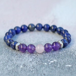 Handmade Lapis Lazuli Amethyst Rose Quartz Bracelet 8mm Genuine Stone Beads Multiple Wrist Sizing