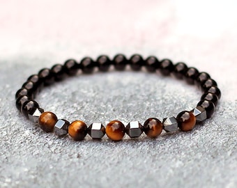 Handmade Tigers Eye Bracelet with Black Onyx, Beaded Bracelet for Men, 6mm Gemstone Beads Hematite Spacers Multiple Wrist Sizes