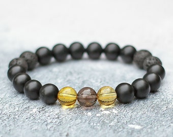 Bracelet citrine fait à la main avec quartz fumé, onyx noir givré et lave, extensible pour plusieurs tailles de poignet