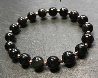 Bracelet perlé en obsidienne fait à la main avec entretoises à billes en cuivre massif, plusieurs tailles de poignet