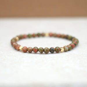 Dainty Unakite Beaded Bracelet: 4mm Natural Stone with Gold/Silver Spacers