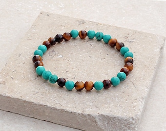 Bracelet fait main oeil de tigre et turquoise // Motif aléatoire de perles de pierres précieuses naturelles // Cordon extensible solide, style unisexe