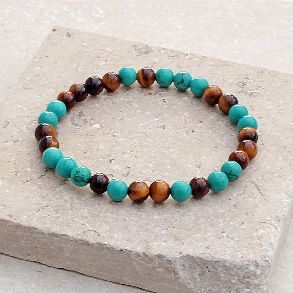 Handmade Tigers Eye and Turquoise Bracelet // Randomised Pattern Natural Gemstone Beads // Strong Stretch Cord Unisex Style