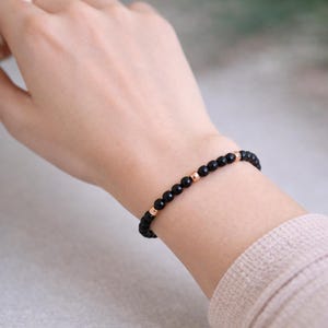 Dainty Black Obsidian Bracelet with Gold Spacers - Minimalist Stacking Style