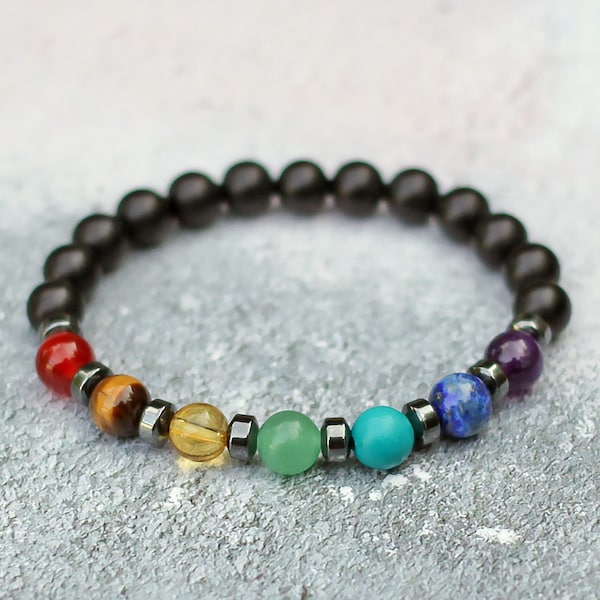 Beaded Chakra Bracelet Frosted Black Onyx Grade A Natural Semi-Precious Gemstone Beads Hematite Spacers Stretch Fit Multiple Wrist Sizes