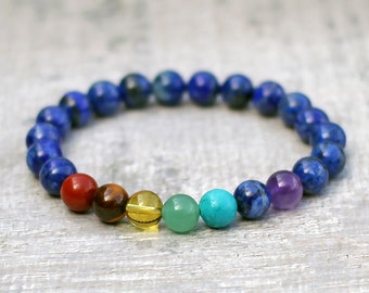 Bracelet Lapis Lazuli Chakra fait à la main, perles de pierres précieuses semi-précieuses naturelles de qualité A, ajustement extensible unisexe fabriqué avec des vibrations positives