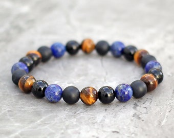 Bracelet fait main en perles de lapis-lazuli avec oeil de tigre et perles d'onyx noir 8 mm extensible