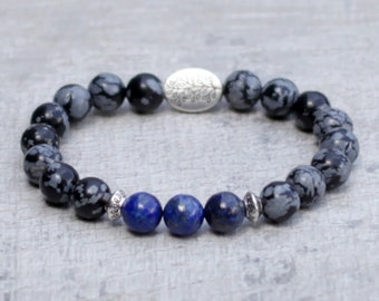 Handmade Lapis Lazuli Bracelet with Snowflake Obsidian, 8mm Gemstone Beads, Multiple Wrist Sizes
