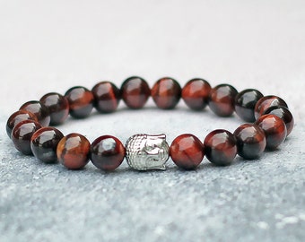 Bracelet oeil de tigre rouge fait main avec bouddha, perles de pierre de 8 mm, ajustement extensible au choix