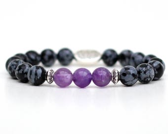 Bracelet améthyste fait main avec pierres naturelles obsidienne flocon de neige 8mm