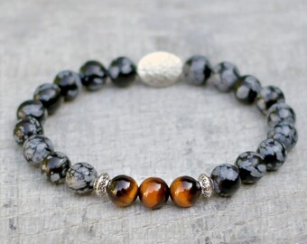 Handmade Tigers Eye Bracelet with Snowflake Obsidian, 8mm Beads Multiple Wrist Sizes