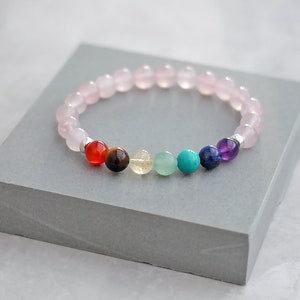 Rose Quartz Chakra Bracelet With Natural Crystal Stone Beads and 925 Sterling Silver Accents Stretch Fit Multiple Wrist Sizes