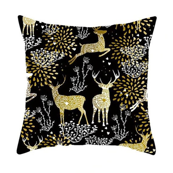 Coussin Décoratif Renne de Noel Noir et Or | Décoration Maison Chambre Salon Dessin Noel Création Ha