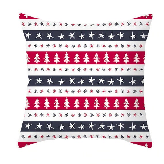 Coussin Décoratif Sapin & Étoile Rouge Blanc Bleu Tissu Microfibre | Décoration Maison Chambre Salon