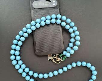 Light Blue Wooden Beaded Phone Crossbody Phone Strap with Dark Green Cord- Custom Mobile Beaded Lanyard - Unique Personalized Phone Charm