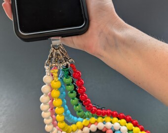 White Black Red Pink Yellow Light Blue Green Wooden Beaded Phone Crossbody Phone Strap - Custom Mobile Beaded Lanyard - Unique Phone Charm