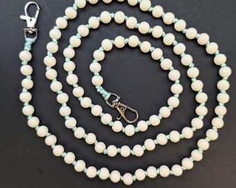 Wooden Beige Natural Seafoam Green Corded Beaded Phone Crossbody Phone Strap -Custom Mobile Beaded Lanyard -Unique Personalized Phone Charm