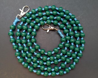 Dark Green Wooden Beaded Phone Crossbody Phone Strap with Light Blue Silk Cord - Custom Mobile Beaded Lanyard - Personalized Phone Charm