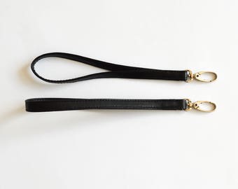 Wristlet, Black vegan leather wrist strap, Clutch strap, pouch wrist strap, Stroller strap, Stroller hook, Carabiner strap, diaper bag strap