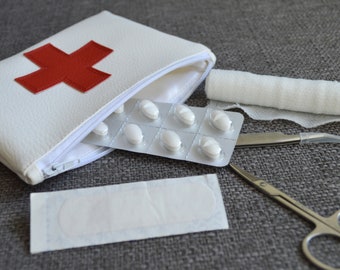 Vegan Leather First Aid Pouch, Red Cross Medicine Bag